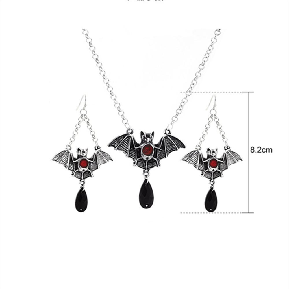 New Dark Gothic Bat Cross Pendant Earrings Necklace Sets For Women Vintage Copper Color Punk Goth Wizard Zircon Accessories