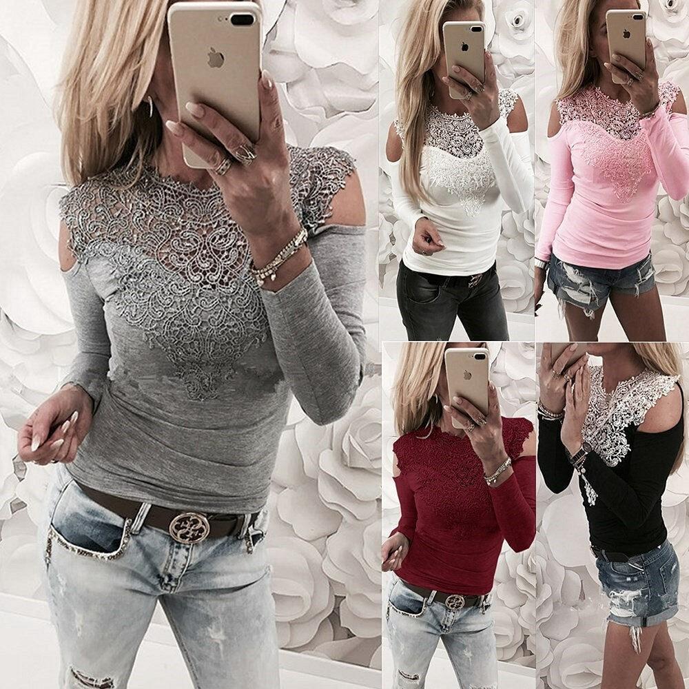Elegant Spring Collection Sexy Lace Shoulder Cutout Cotton T-shirt Top In Gray Pink White And Black