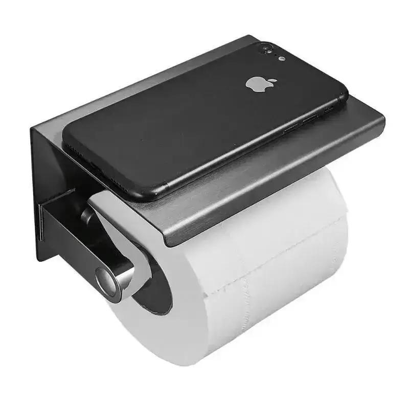 Stainless Steel Toilet Paper Holder Phone Shelf Hotel Toilet Paper Holder Easy Installation Wall Mounted Bathroom Storage Rack