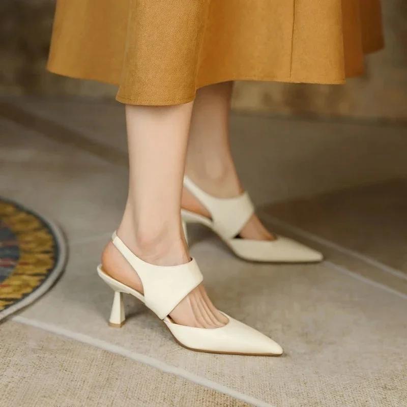 

Модные французские босоножки на высоком каблуке-шпильке с острым носком, однотонные женские туфли из кожи, официальные туфли на каблуке, женские босоножки, большой размер 40 34 бежевый