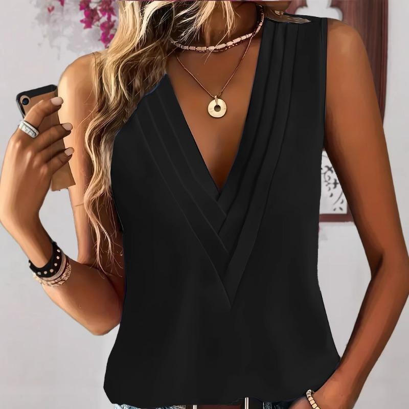 Topy Wiosna Lato Damskie Moda Eleganckie Jednolity Kolor Dekolt V Plisowane Wygodne Codzienne Duży Rozmiar Bez Rękawów Damskie Kamizelki Kamizelka