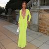 Sexy long-sleeved deep V European and American style autumn new low-cut solid color slim-fitting streamer hip-wrapped fishtail dress