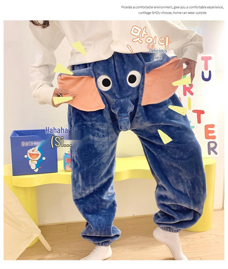 Pantalon de Nuit Unisexe Mignon Éléphant en Flanelle - Ample, Drôle, Style Automne/Hiver