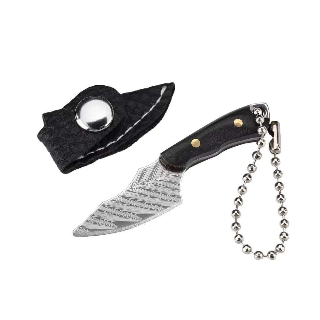 New Mini Wooden Handle Knife Outdoor Camping Open Box with Chain Portable EDC Key Knife with Leather Sheath Chain