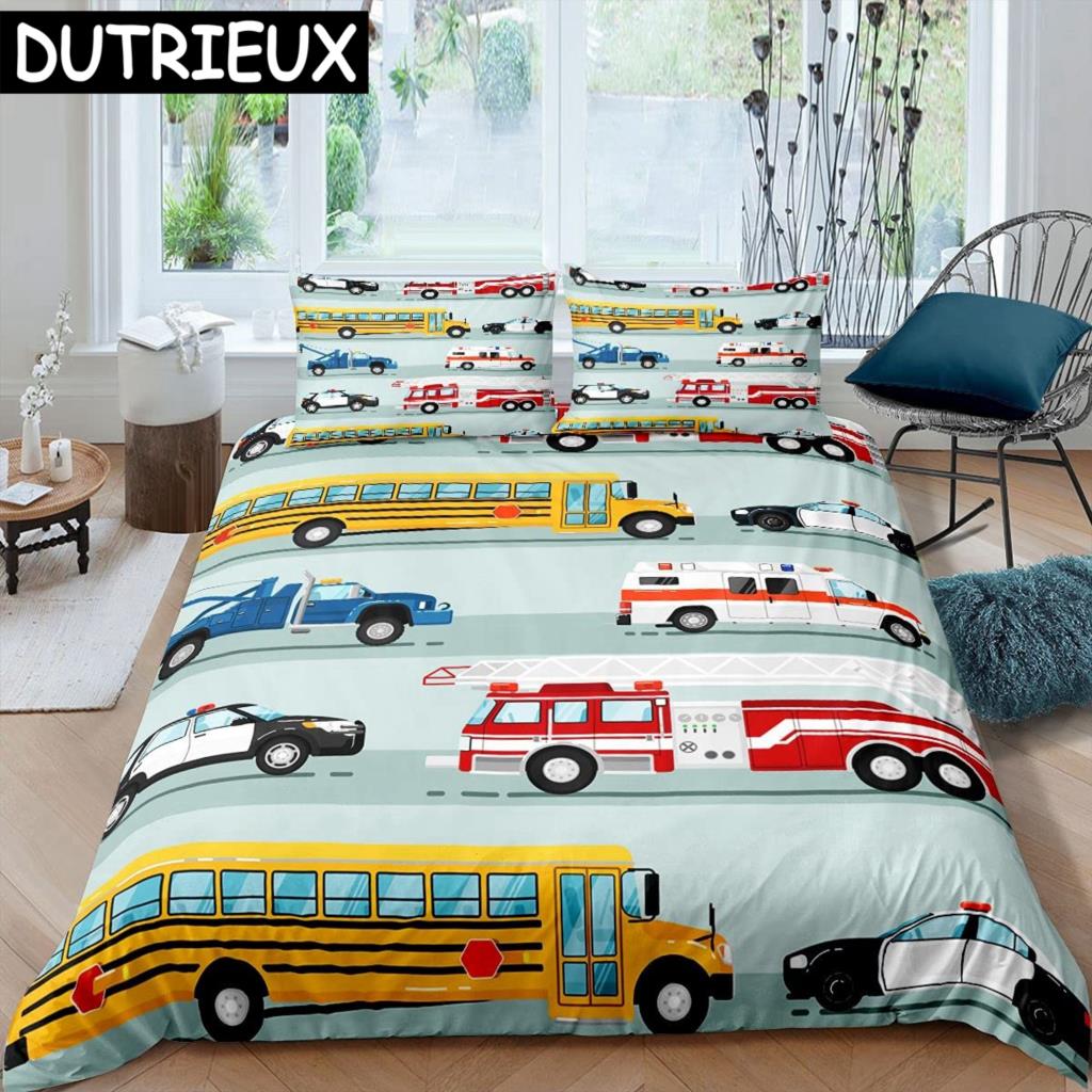 Policajtské auto Král Královna Povlak na přikrývku Kreslené auto Ložní souprava Děti Chlapci Modrá Šedá Vozidla záchranné služby Polyesterový Povlak na přikrývku