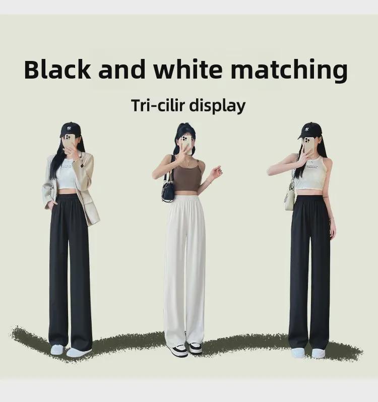 Women's 2025 Black Ice Silk Suit Pants: Spring/Summer Straight-Leg, Petite/Wide-Leg Casual Style