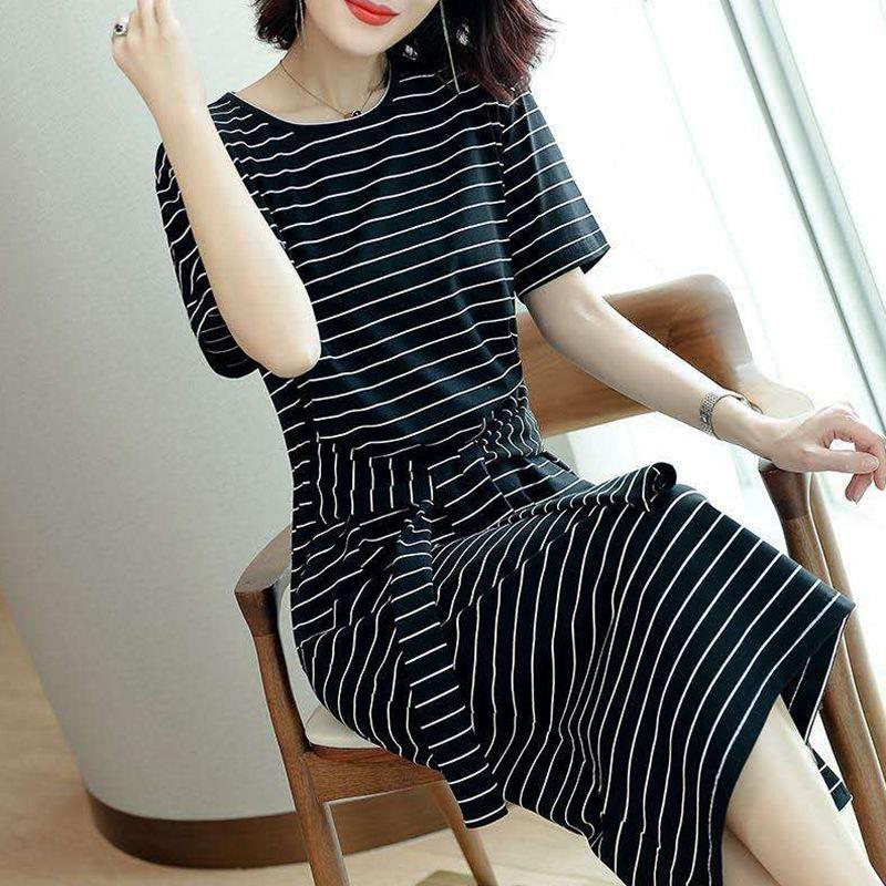 

Southeast Asia Plus Size Mid-Length Striped Short Sleeve Waist-Cinching Dress, Korean Style 2026 2XL чорний