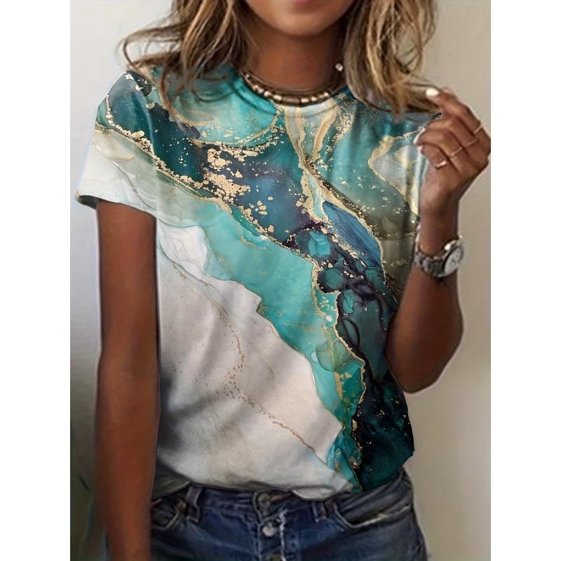 Summer new women's fashionable water ripple 3D printed round neck short sleeved T-shirt casual women's base top