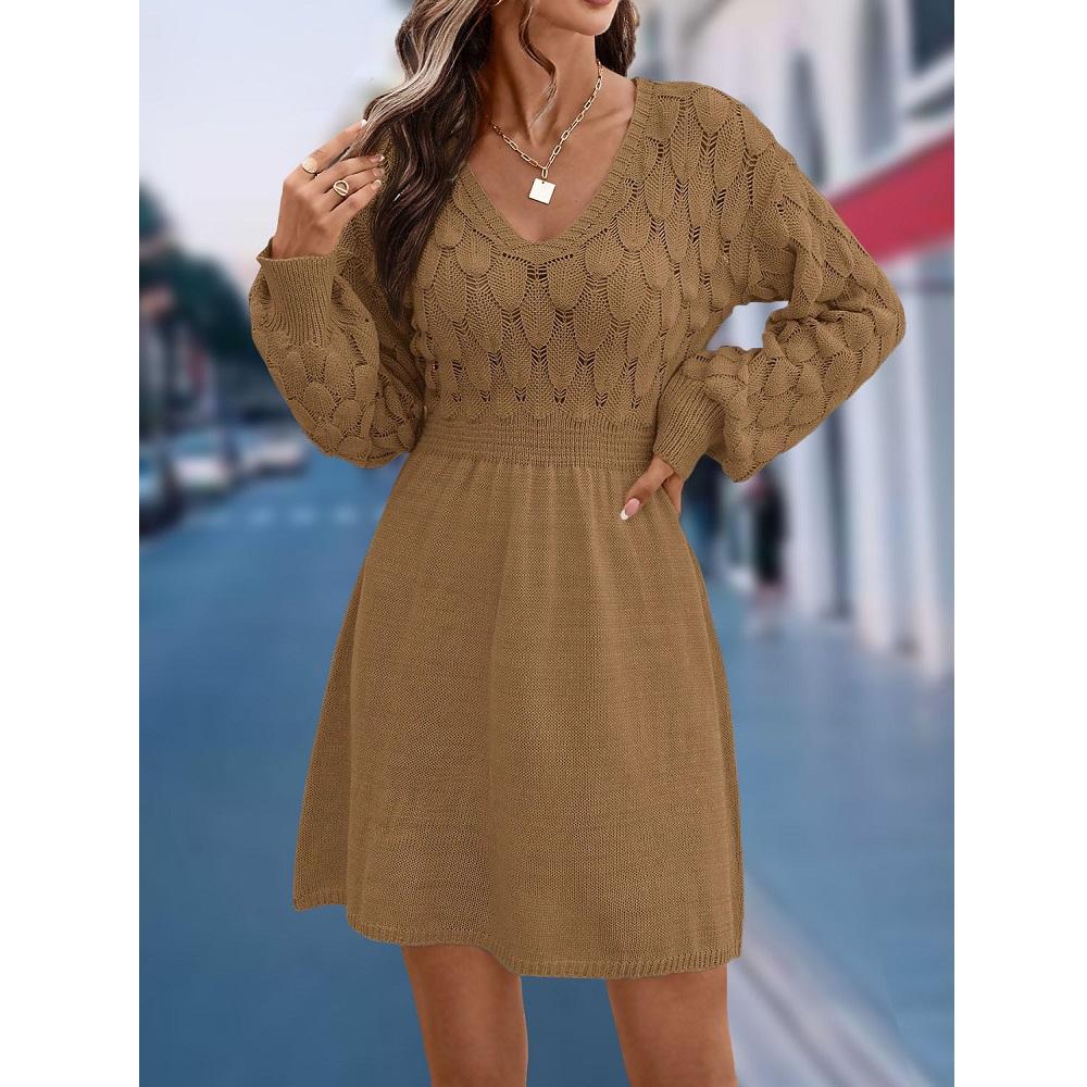 LYRIA Women Autumn Winter Sweater Dresses V-neck 3D Crochet Knitted Long Pullovers Sweaters Dress