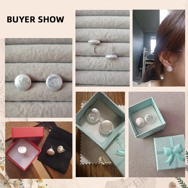 Women Big Baroque Button Pearl Earrings Freshwater Cultured Biwa Coin Pearls 925 Silver Mounts Stud Earrings Jewelry