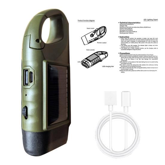 Solar And Hand Crank Flashlight 5-in-1 Emergency LED Light with Type-C Charging Waterproof Portable Power Bank for Camping Outdoor Use