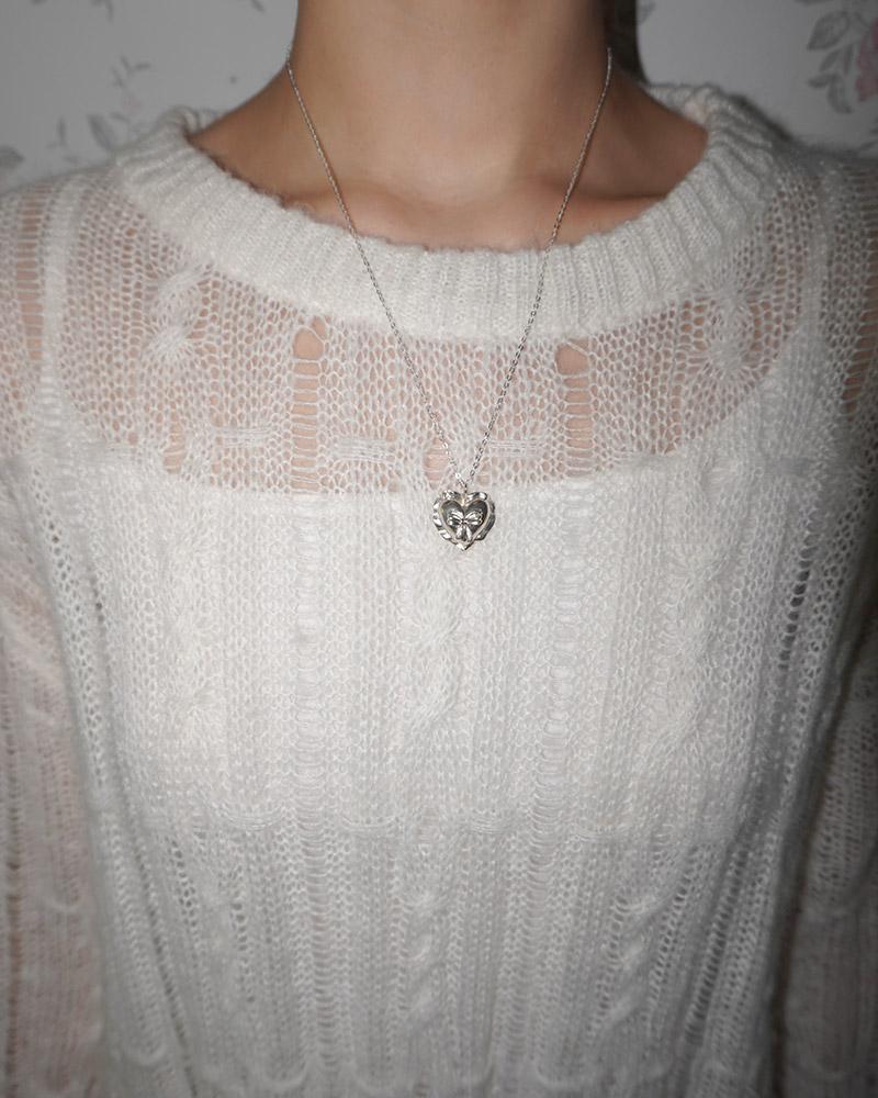 Pair Of Love [925Silver]Cushion Heart Ribboon Necklace