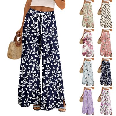 Women Summer Boho Palazzo Pants High Waist Wide Leg Floral Printing Casual Trousers With Pockets