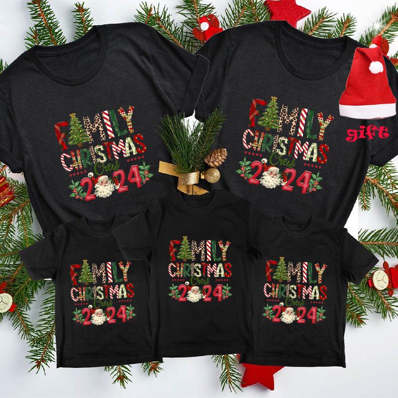 Merry Christmas Outfits Family Xmas Crew 2024 Print Matching Outfits Short Sleeve Family Tees Shirt with Christmas Hat Gift
