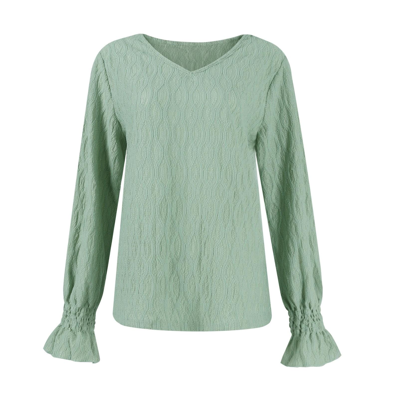 Женская модная однотонная футболка с V-образным вырезом и длинным рукавом на осень — фото 3