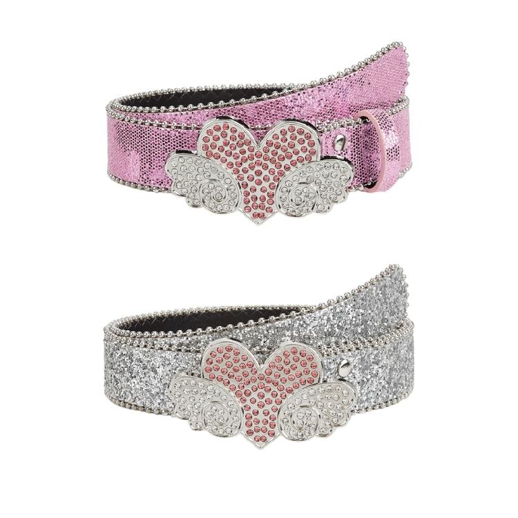 Adjust Belt with Heart&Wing Buckle for Girl Full Sequins Belt for Jeans Cowgirl