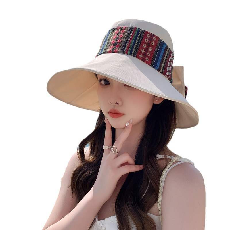 Women's Spring/Summer Korean Big Brimmed Fisherman Hat with Foldable Ethnic Pattern Sun Hat for Travel Beach Panama Cap