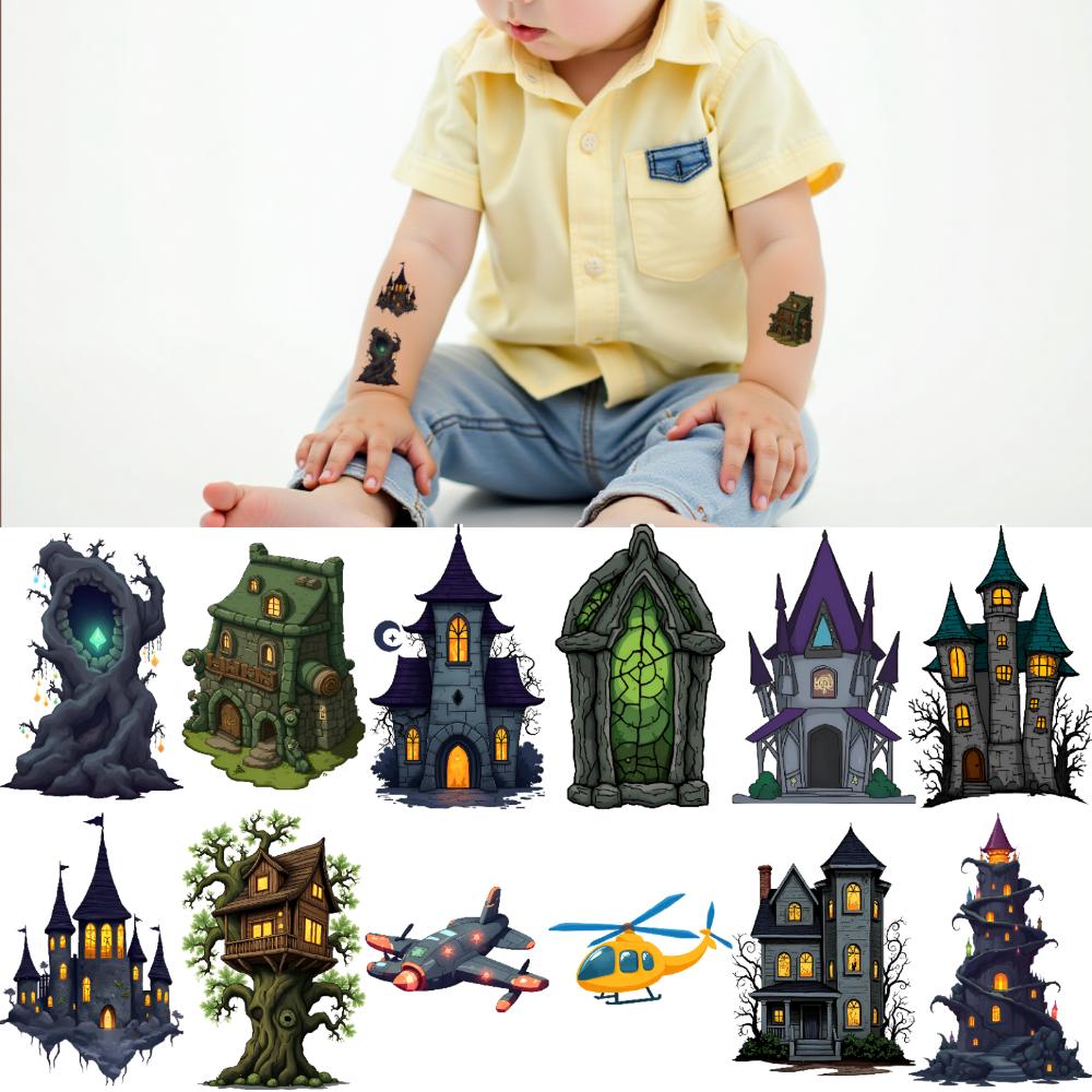 54pcs Temporary Tattoo Spooky Castle Cartoon Gothic Mansion Flying Drone Temporary Tattoo Stickers Haunted House For Cheeks