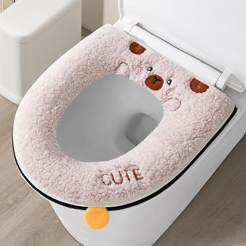 1pcs Winter Warm Toilet Seat Cover With Cartoon Bear Pattern Thicken Cushion Bathroom Essential Kids Friendly Cartoon Cover