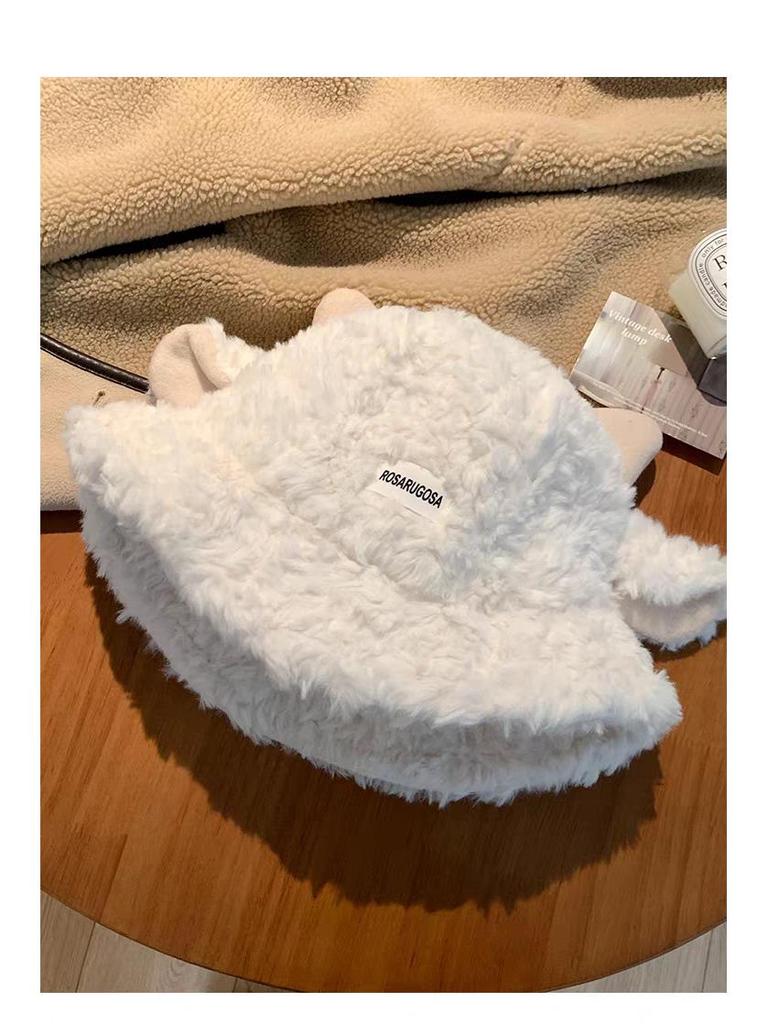 Cute Lamb Ears Plush Women's Bucket Hat - New for Autumn/Winter 2025, Warm Basin Hat with Face-Slimming Style
