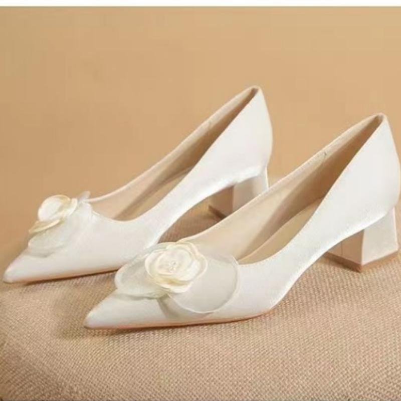 

Fashion New Spring Summer Versatile High Heel Shoes Women s Single Shoe Leather Sole Work Shoes Pointed Toe Thick Heel Flats 35 шампанского