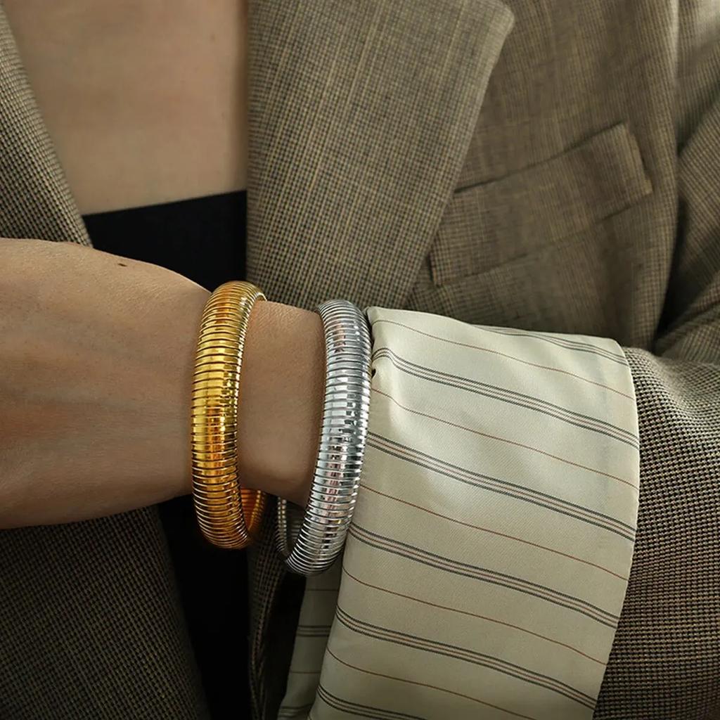 Waterproof Stainless Steel Retro Elasticity Thick Metal Polish Bracelet  Gold Plated Trend Fashion Unisex Jewelry Men Women