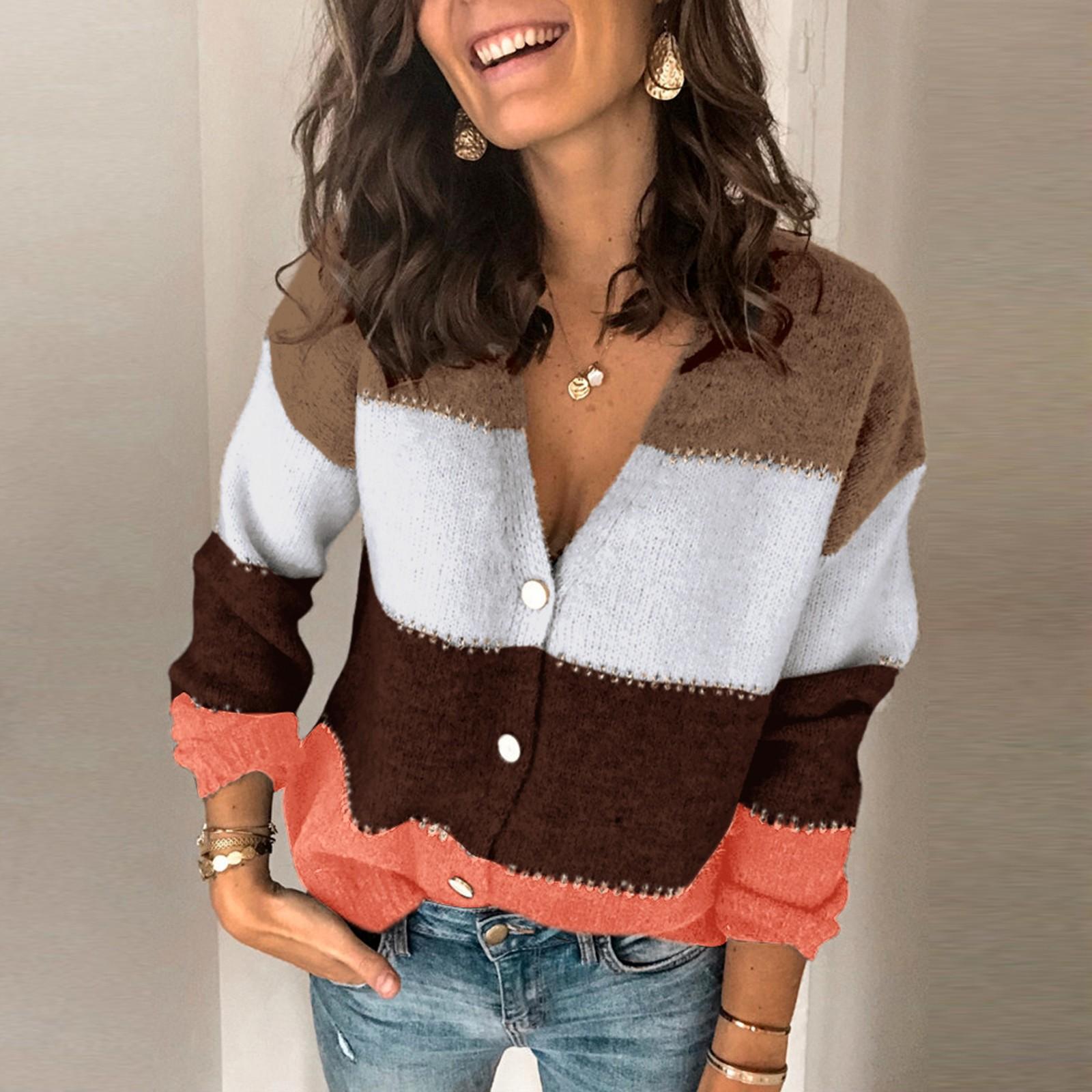 

Женский свитер с V-образным вырезом, джемпер с цветными блоками, пуловер с длинными рукавами, кардиган XL красный