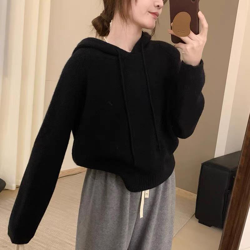 2025 Women's High-End European Style Pure Wool Hooded Sweater – Thick, Loose Knitwear for Autumn/Winter