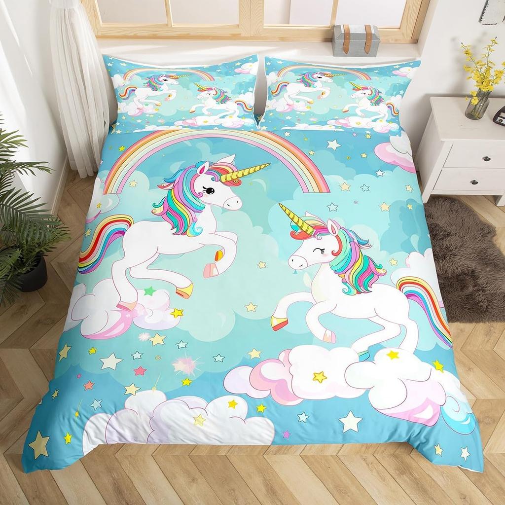 Children Kids Unicorn Soft Duvet Cover Single Quen King, Adorable Lovely Cat Carton Warm Comforter Cover featuring 2 Pilowcase Fish Scale Beding Set