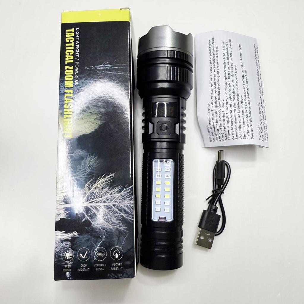 Ultrahelle LED-Taschenlampe, wiederaufladbar, mit variablem Zoom und Rot/Blau-Frequenzblitz für Camping, Angeln, Familie, Notfallsituationen, Langlebig