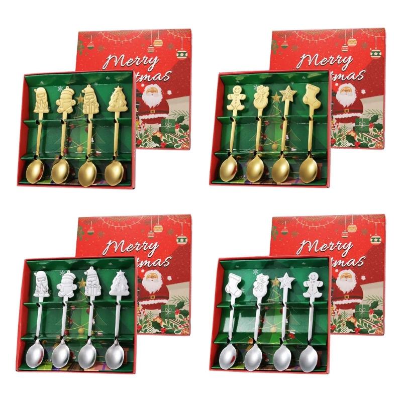 4Pcs Stainless Steel Christmas Coffee Spoons Christmas Trees Santa Tea Spoon Gingerbreads Man Dessert Drink Mixing Spoon