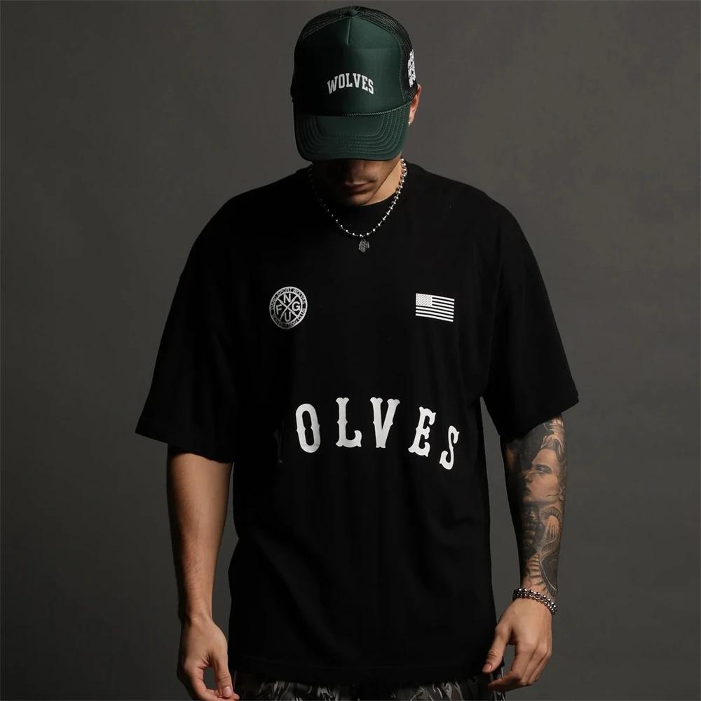 DARC SPORT WOLVES Pánská trička do posilovny s potiskem písmen, s krátkým rukávem, fitness 100% bavlna, tréninkové sportovní oblečení, tričko pro kulturistiku