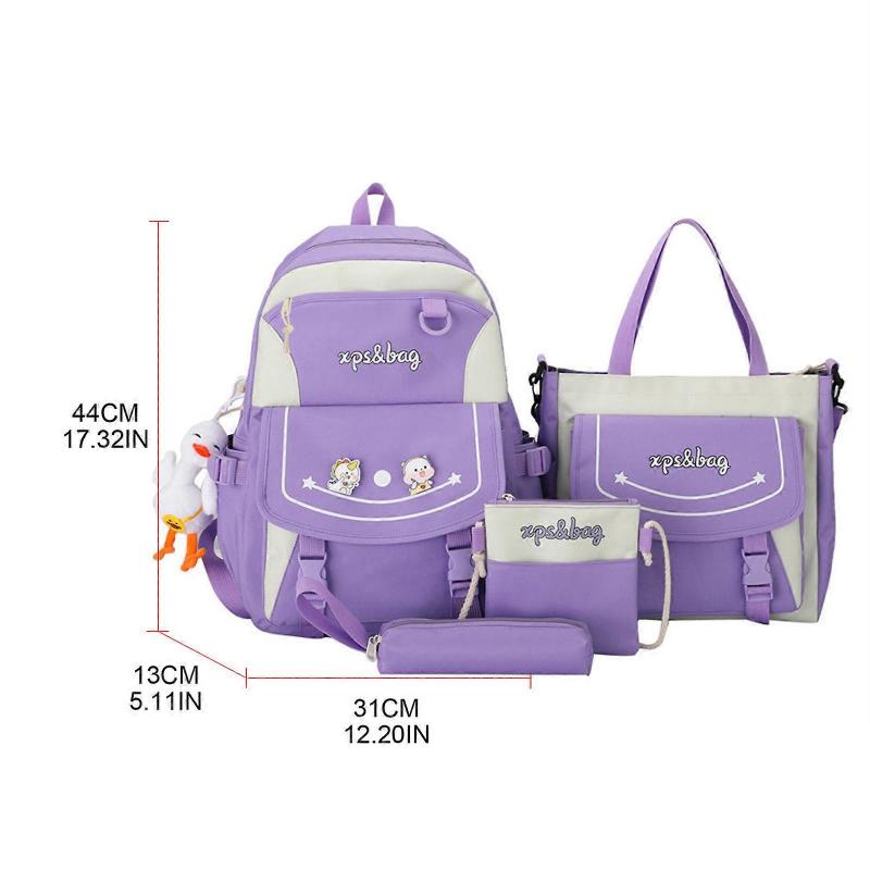 4pcs Cartoon Nylon School Backpack Shoulder Bags Travel Daypacks Bookbag Pencil for Case  Purple