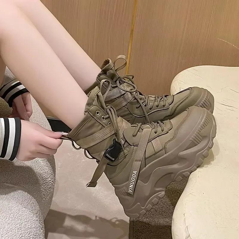Women Chunky Platform Motorcycle Boots White Lace Up Thick Bottom Shoes Autumn Winter Ankle Botas De Mujer Fashion