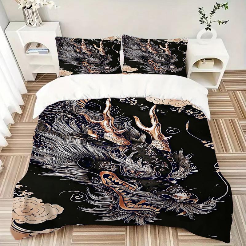 3pcs Dragon Head Design Duvet Cover Set - Machine Washable, Includes 1 Cover and 2 Pillowcases, No Core Included yy251013098