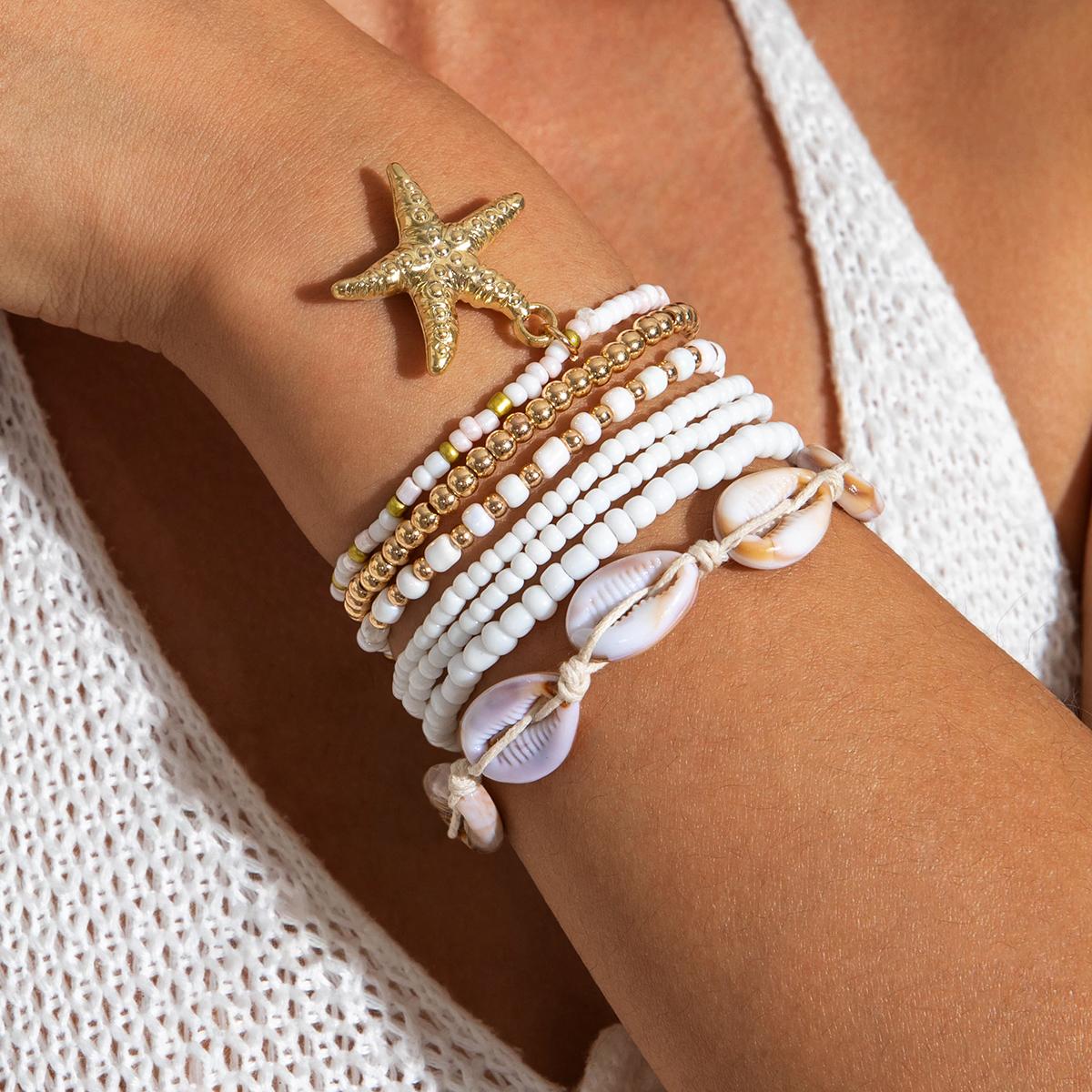 

7 шт. Бохо мода ракушка звезда цветной браслет бисер комплект ювелирных изделий для женщин пляжный отдых океан элементы ручной работы бижутерия