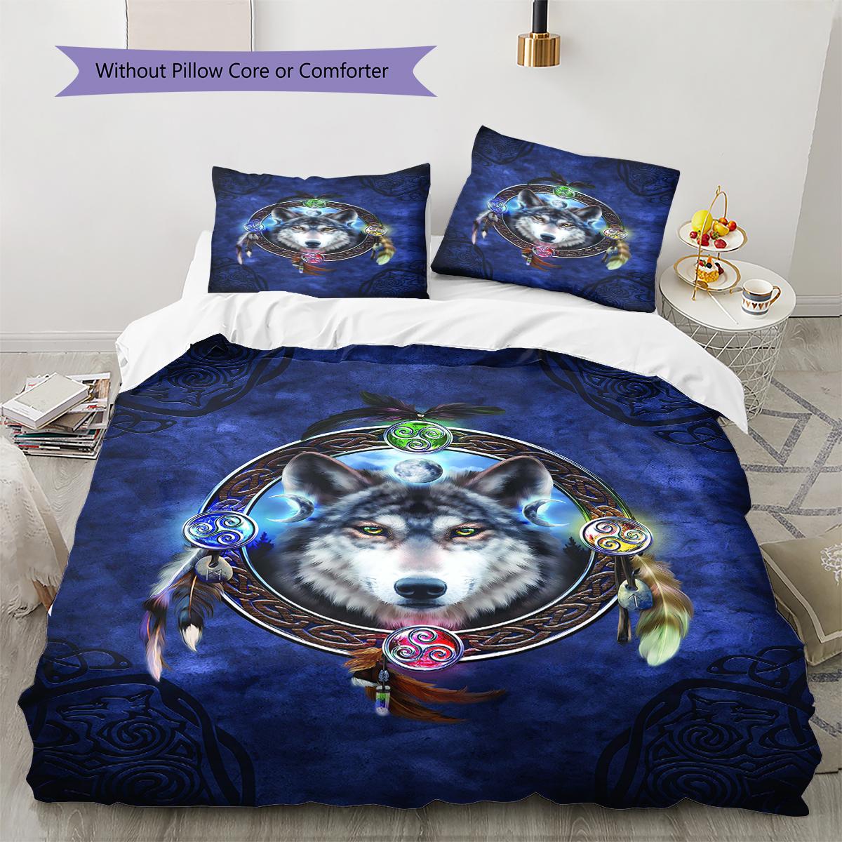 

Native Indian Wolf Pattern Bedding Quilt Set Quilt Cover Pillowcase Home Decoration Birthday Gift (1 * duvet cover + 2 * pillowcase, without core) 135x200cm