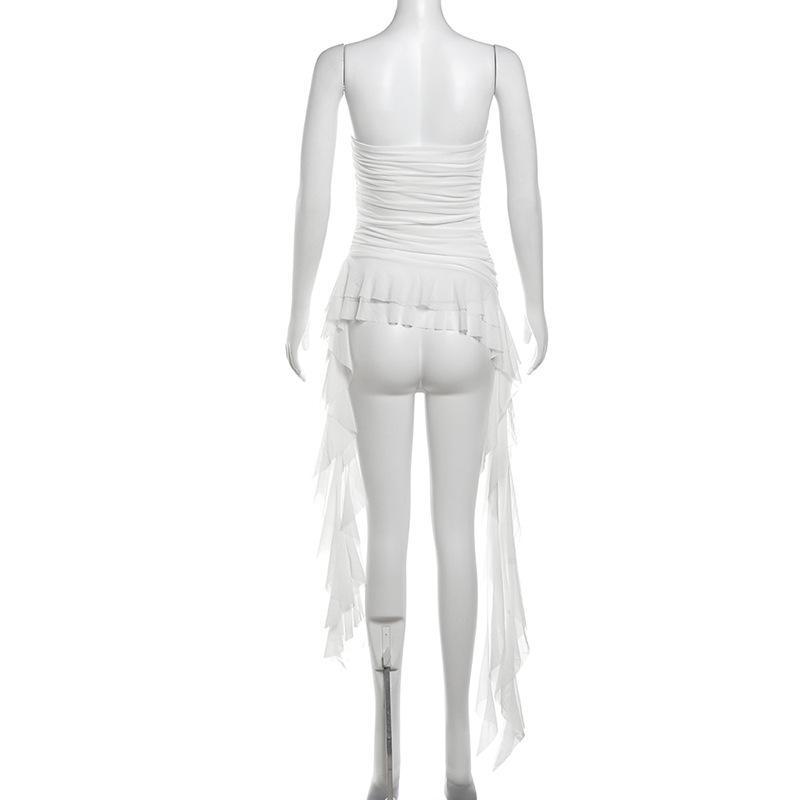 2024 European & American Style Women's One-Shoulder Slim Fit Sleeveless Pleated Top - Solid Color