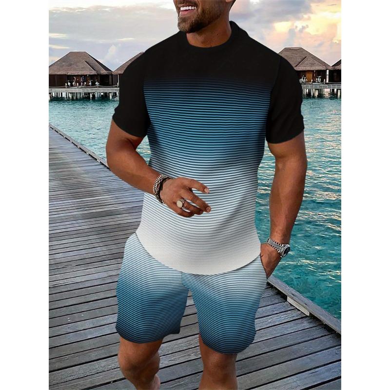 Summer Bestseller T-Shirt Set Color-Block Striped Short-Sleeve T-Shirt & Shorts Set Casual Outdoor Running Fitness Set