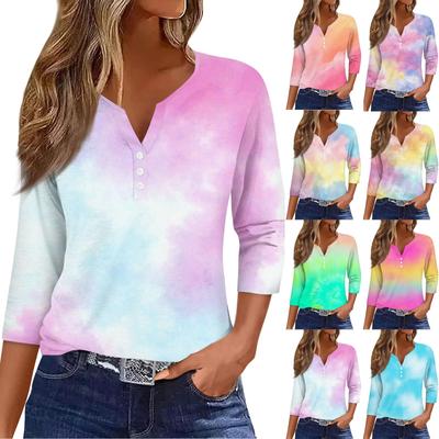 Women's T Shirt Tee Print Button 3/4 Sleeve Daily Weekend Fashion Basic V- Neck Regular Top