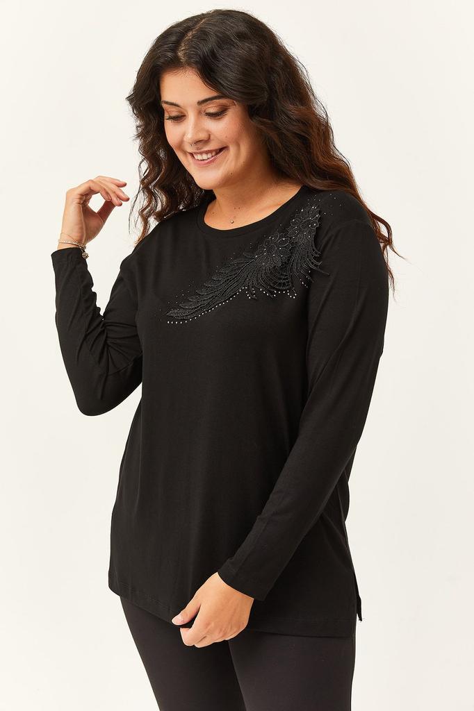 Damen Übergröße Bluse Große Größe Vordere Blattstickerei Guipure-Detail Schwarze Bluse