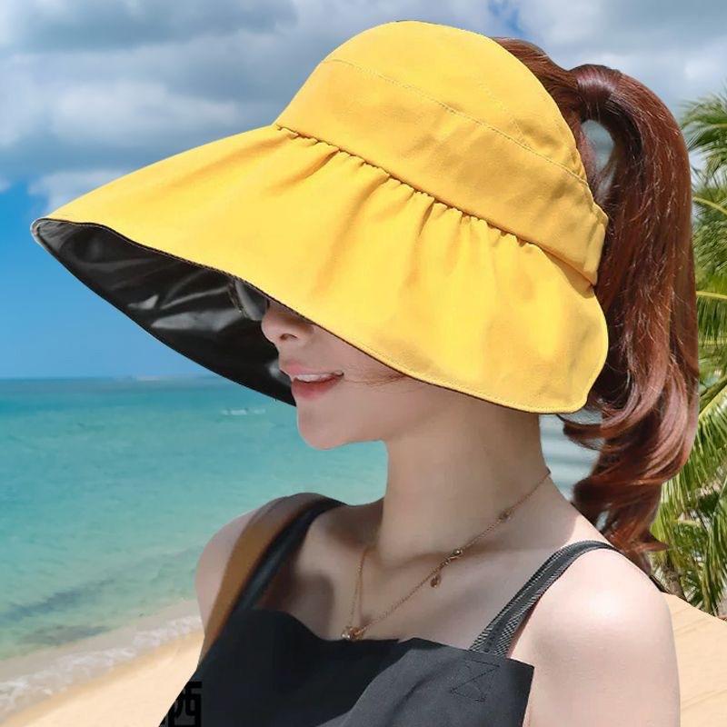 

Ropless sun hat women s spring summer ultraviolet empty top versatile fashion foreign style round face sun hat жовтий