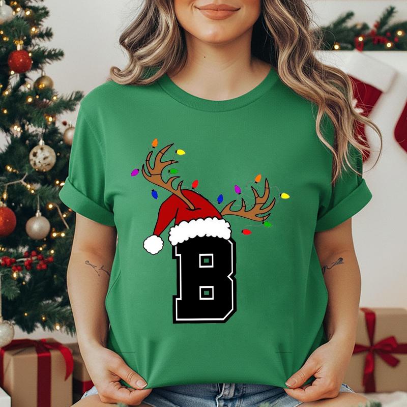 Unisexs Tshirt Christmas Alphabet Fashion Print Tshirt Short Sleeve Fashion Street Top Santa Hat Reindeer Christmas Party Top