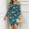 Women Plus Size Cold Shoulder Long Sleeve Black White Tie Dye Print Irregular Wrap Bodycon Midi Dress