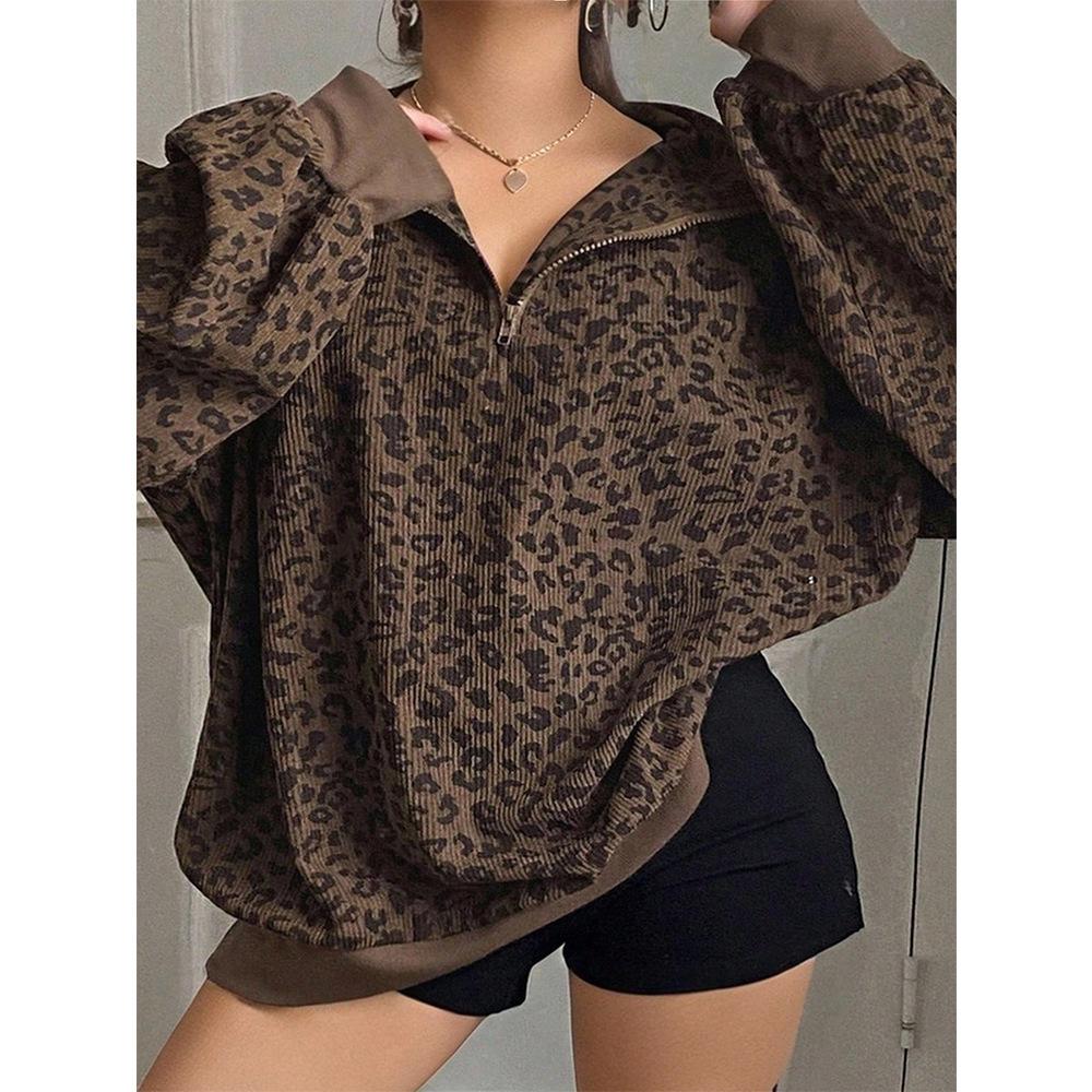 Fall/Winter New Style Women's Leopard Print Loose Fit Sport Shirt with Collar Sweater