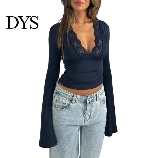 Solid Color Lace Print Blouse Women's Long Sleeve Crop Top Sexy Deep V Neck Slim Fit Bell Sleeves Club Wear Casual Basic Low Cut Going Out Shirt