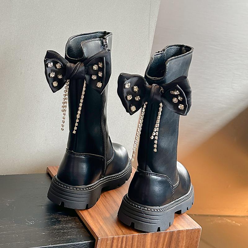 

Шикарные элегантные ботинки на платформе для девочек с бантом, универсальные детские модные ботинки, повседневные, трендовые, детские, принцесса, черные, классические ботинки, новые 26