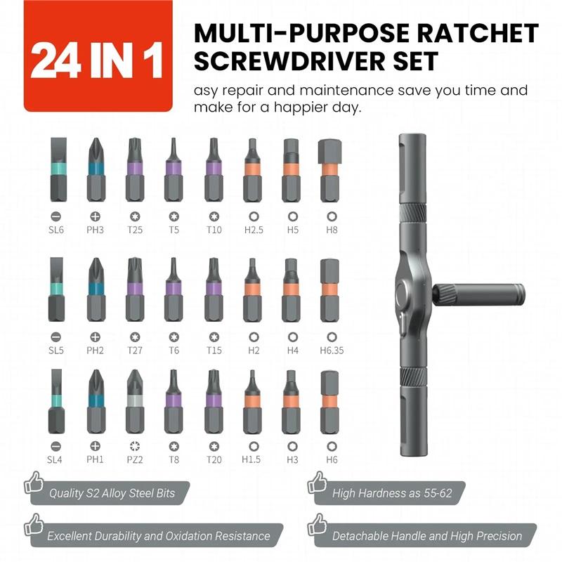 24in1 RS1 Multi-Purpose Ratchet Screwdriver Set 24 In 1 S2 Steel Magnetic Screwdriver Bits Repair Tools