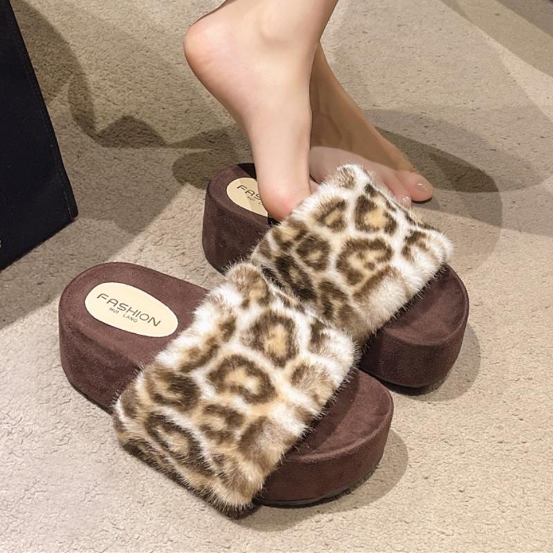 Fashion Women Platform Fur Slippers Leopard Flats Shoes Trend New Slingback Sandals 2025 Summer Open Toe Woman Flip Flops Casual Slides