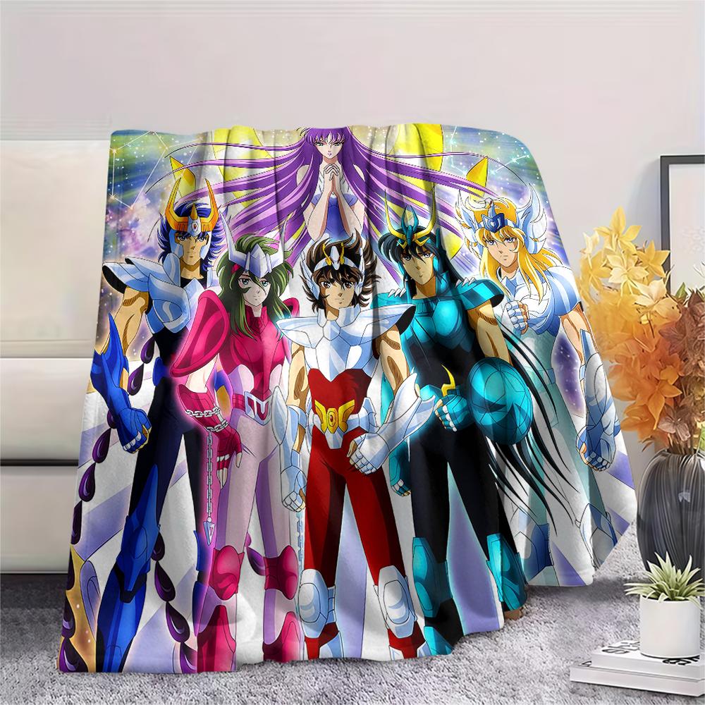1Pc Saint Seiya Print Flannel Blanket, High quality Comfortable for All Seasons, Home Decor, Warmth and Comfort, Perfect for Christmas Gifts